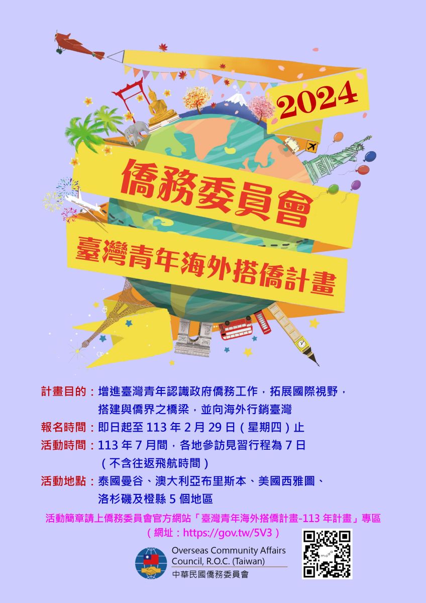僑務委員會2024臺灣青年海外搭僑計畫 強力募集中!提供補助到泰國、澳洲、美國拓展視野